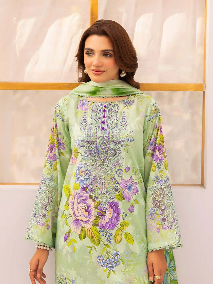Discover the ZARIA Premium 3 Pieces Unstitched Lawn Suit, featuring digital printed lawn fabric with organza sequence embroidery. Perfect for festive occasions, this suit includes a shirt, trouser, and dupatta for a stylish and elegant look