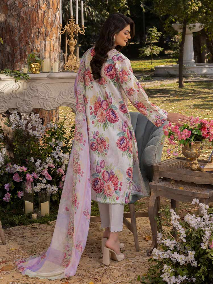 NAMAL 3 Pieces Unstitched Digital Printed Lawn Suit featuring a digital printed lawn shirt with organza embroidery, dyed cambric cotton trousers, and a bamber chiffon dupatta with embroidered cut-work details.