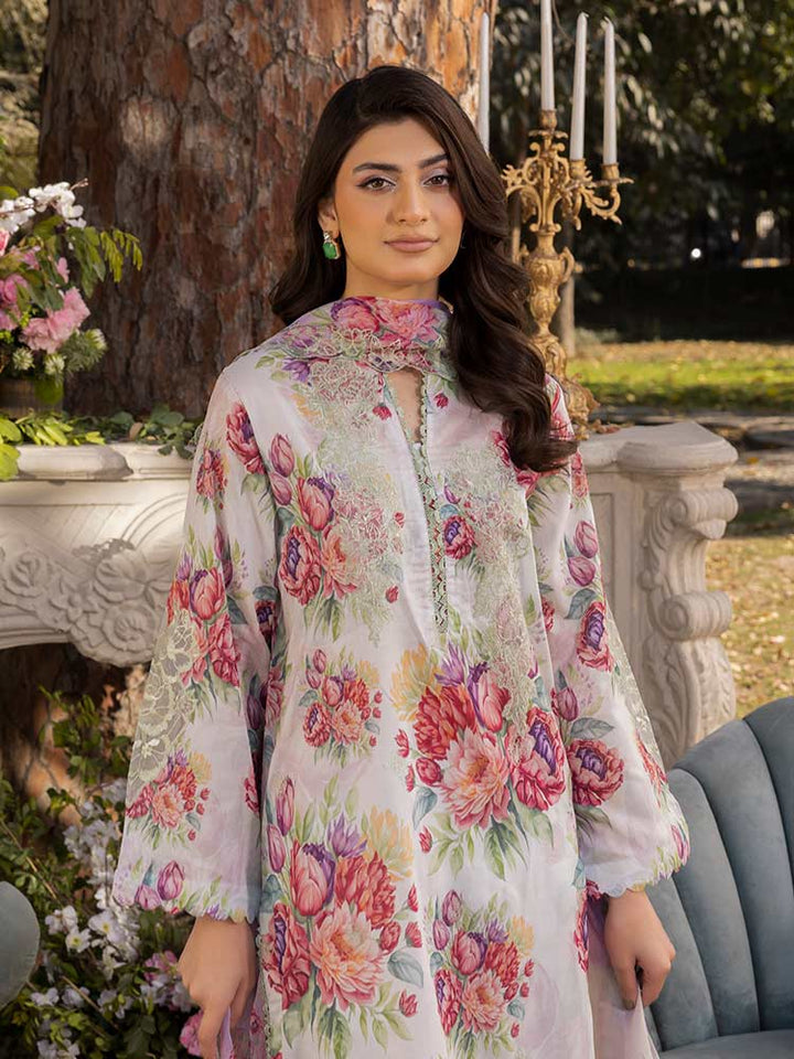 NAMAL 3 Pieces Unstitched Digital Printed Lawn Suit featuring a digital printed lawn shirt with organza embroidery, dyed cambric cotton trousers, and a bamber chiffon dupatta with embroidered cut-work details.