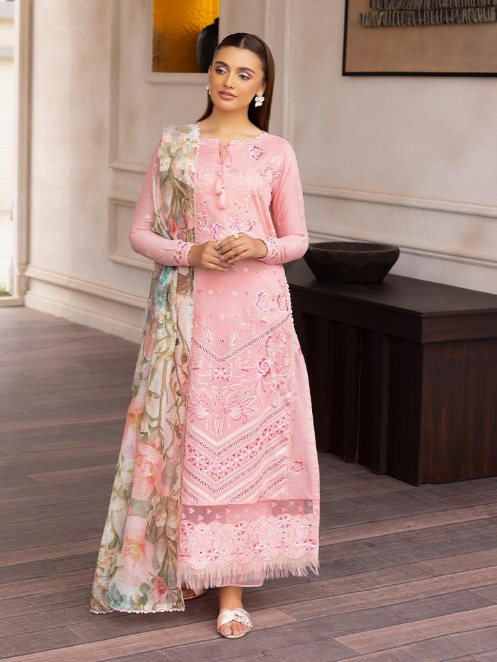 SAKURA 3 Pieces Unstitched Lawn Suit featuring an embroidered dyed luxury lawn shirt, dyed cambric cotton trousers, and a digital printed fancy lawn dupatta