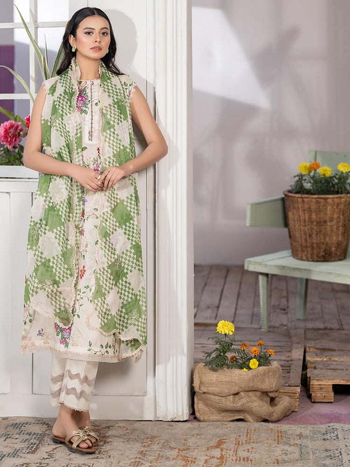 GUL PASAND Premium 3-Piece Lawn Suit with digital printed embroidery, dyed cambric cotton trousers, and embroidered chiffon dupatta.