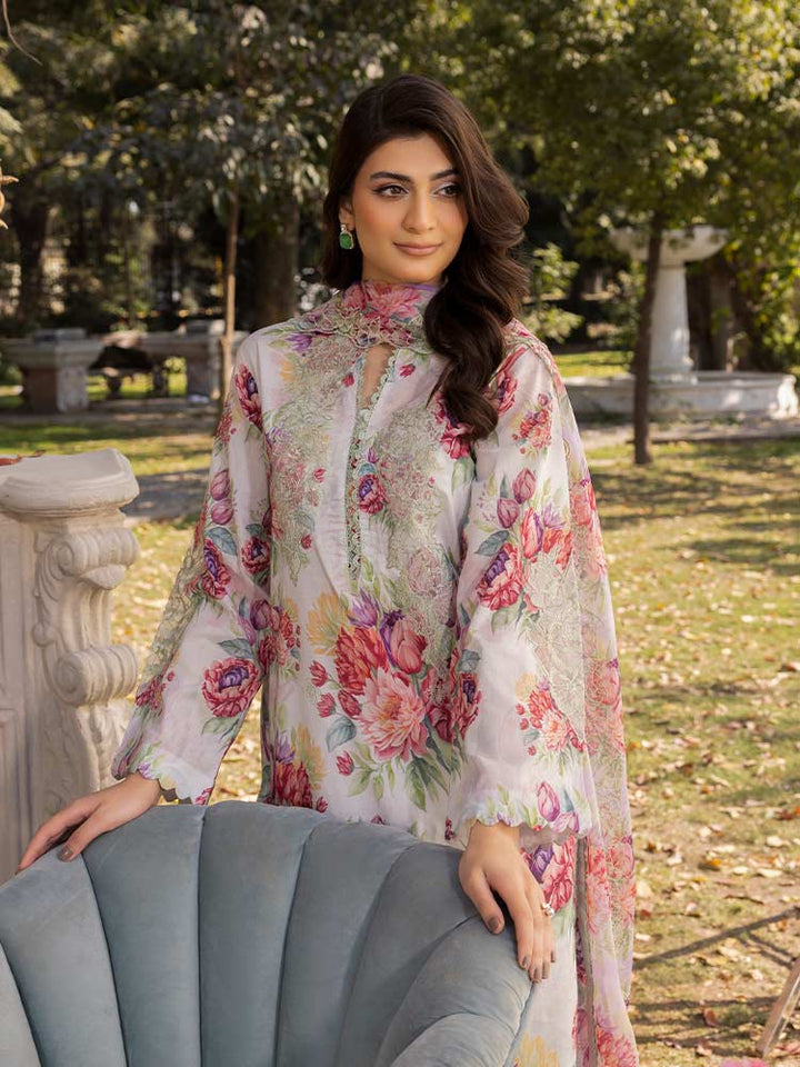 NAMAL 3 Pieces Unstitched Digital Printed Lawn Suit featuring a digital printed lawn shirt with organza embroidery, dyed cambric cotton trousers, and a bamber chiffon dupatta with embroidered cut-work details.