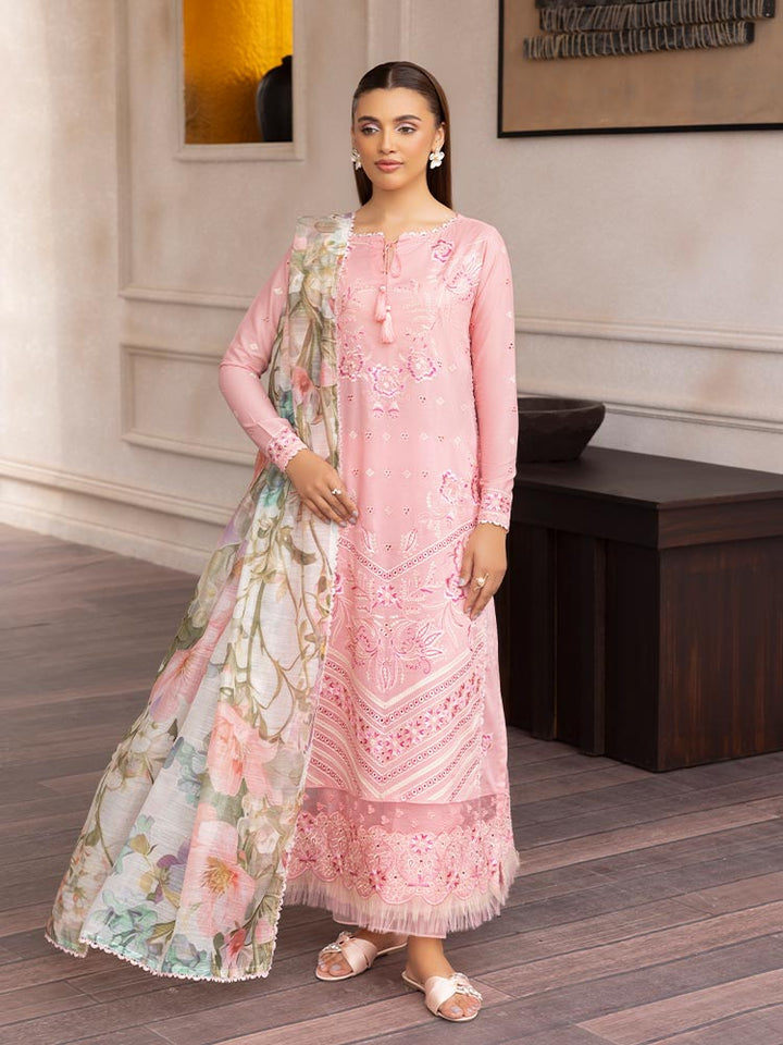 SAKURA 3 Pieces Unstitched Lawn Suit featuring an embroidered dyed luxury lawn shirt, dyed cambric cotton trousers, and a digital printed fancy lawn dupatta