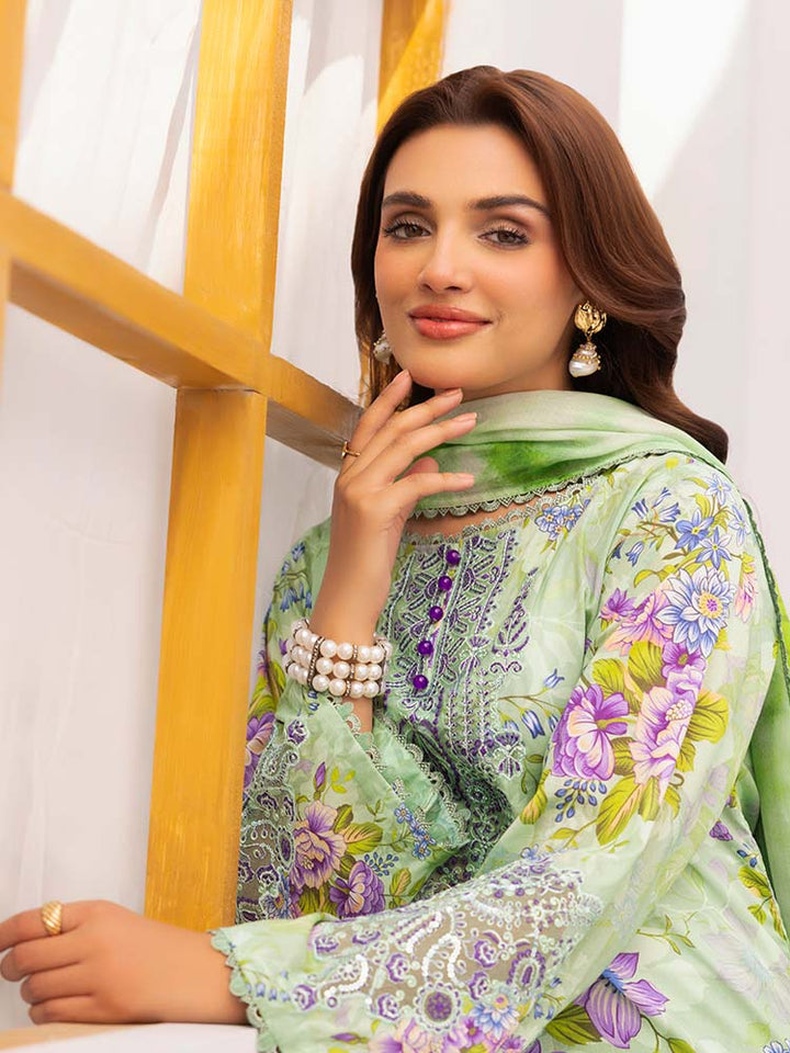 Discover the ZARIA Premium 3 Pieces Unstitched Lawn Suit, featuring digital printed lawn fabric with organza sequence embroidery. Perfect for festive occasions, this suit includes a shirt, trouser, and dupatta for a stylish and elegant look
