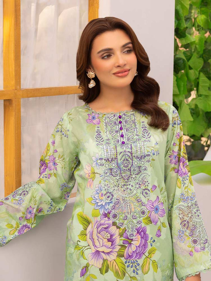 Discover the ZARIA Premium 3 Pieces Unstitched Lawn Suit, featuring digital printed lawn fabric with organza sequence embroidery. Perfect for festive occasions, this suit includes a shirt, trouser, and dupatta for a stylish and elegant look