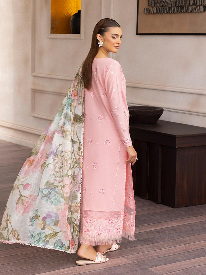 SAKURA 3 Pieces Unstitched Lawn Suit featuring an embroidered dyed luxury lawn shirt, dyed cambric cotton trousers, and a digital printed fancy lawn dupatta