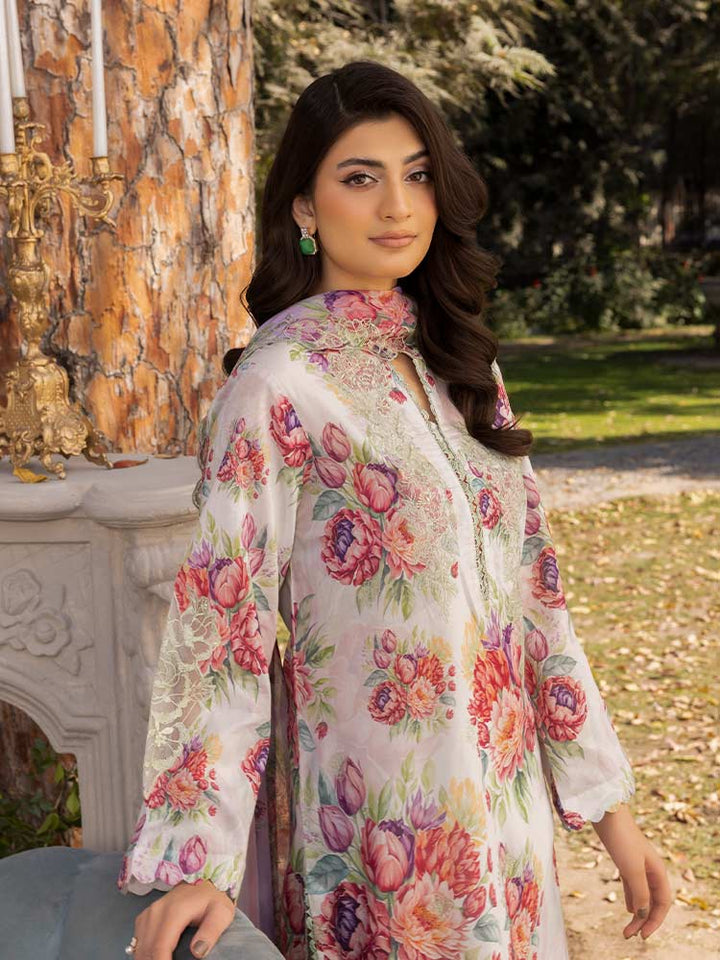 NAMAL 3 Pieces Unstitched Digital Printed Lawn Suit featuring a digital printed lawn shirt with organza embroidery, dyed cambric cotton trousers, and a bamber chiffon dupatta with embroidered cut-work details.