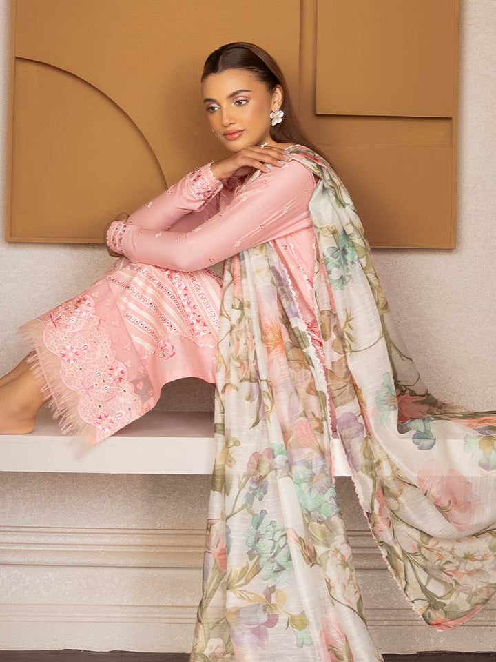 SAKURA 3 Pieces Unstitched Lawn Suit featuring an embroidered dyed luxury lawn shirt, dyed cambric cotton trousers, and a digital printed fancy lawn dupatta