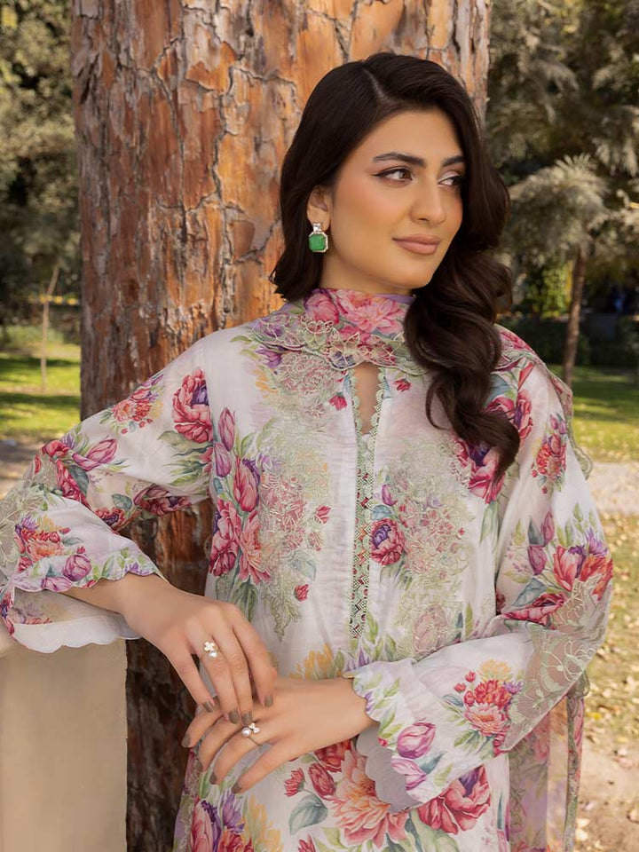 NAMAL 3 Pieces Unstitched Digital Printed Lawn Suit featuring a digital printed lawn shirt with organza embroidery, dyed cambric cotton trousers, and a bamber chiffon dupatta with embroidered cut-work details.