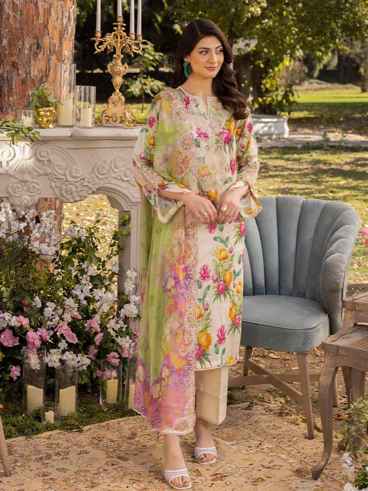 NAMAL 3 Pieces Unstitched Digital Printed Lawn Suit featuring a digital printed lawn shirt with organza embroidery, dyed cambric cotton trousers, and a bamber chiffon dupatta with embroidered cut-work details.