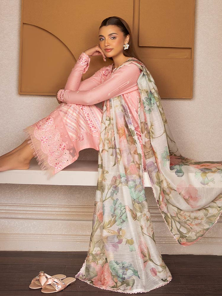 SAKURA 3 Pieces Unstitched Lawn Suit featuring an embroidered dyed luxury lawn shirt, dyed cambric cotton trousers, and a digital printed fancy lawn dupatta