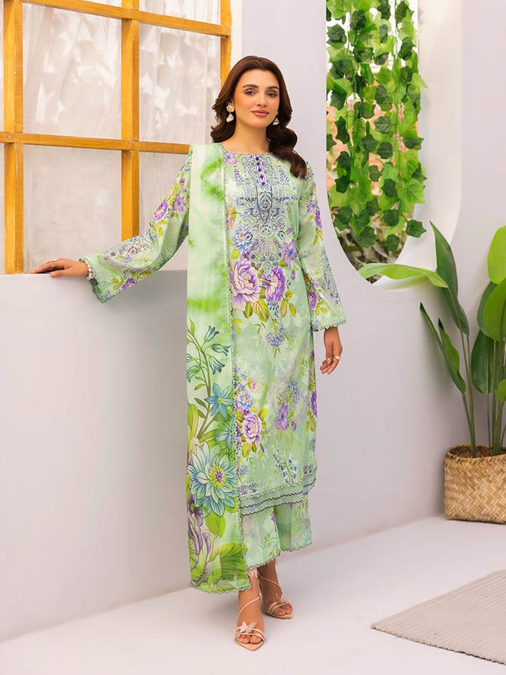 Discover the ZARIA Premium 3 Pieces Unstitched Lawn Suit, featuring digital printed lawn fabric with organza sequence embroidery. Perfect for festive occasions, this suit includes a shirt, trouser, and dupatta for a stylish and elegant look