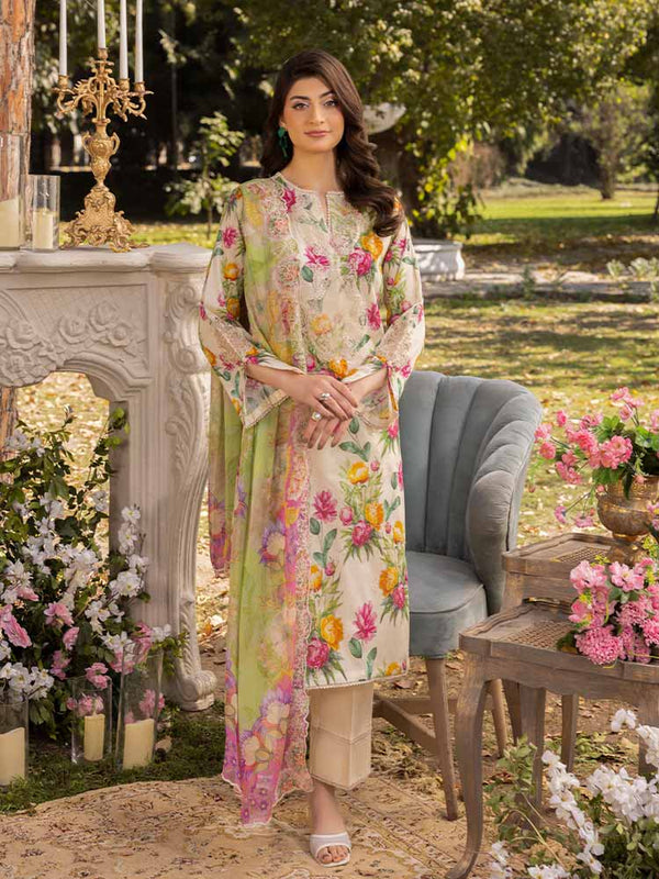 NAMAL 3 Pieces Unstitched Digital Printed Lawn Suit featuring a digital printed lawn shirt with organza embroidery, dyed cambric cotton trousers, and a bamber chiffon dupatta with embroidered cut-work details.