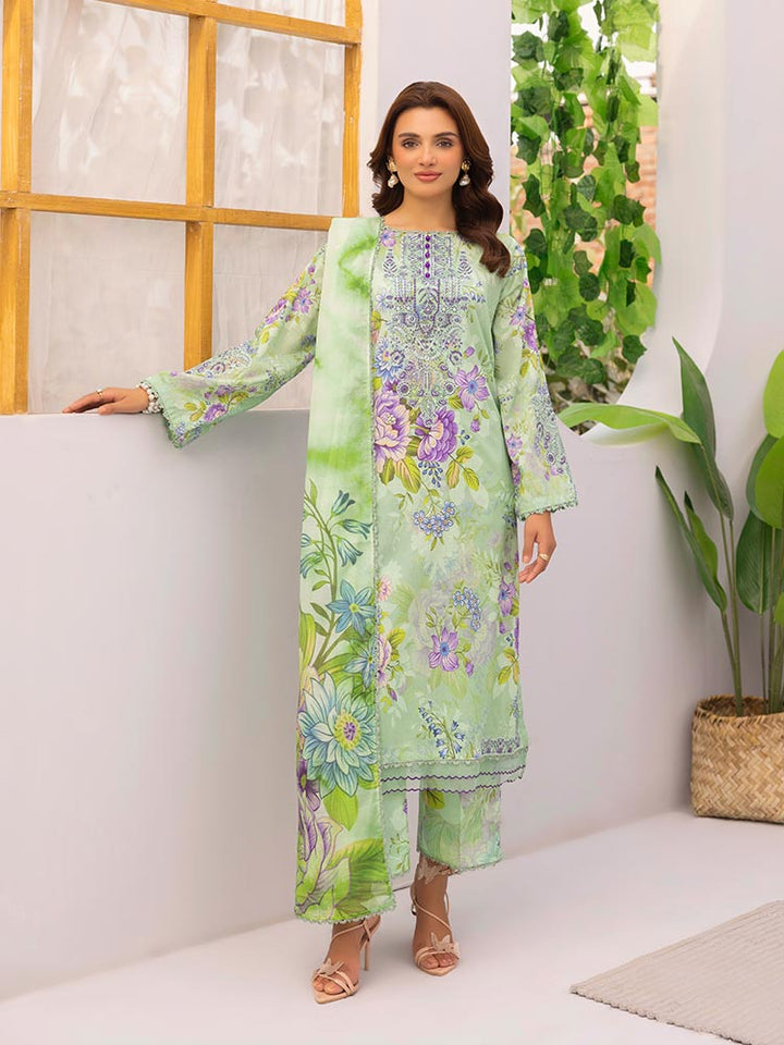 Discover the ZARIA Premium 3 Pieces Unstitched Lawn Suit, featuring digital printed lawn fabric with organza sequence embroidery. Perfect for festive occasions, this suit includes a shirt, trouser, and dupatta for a stylish and elegant look