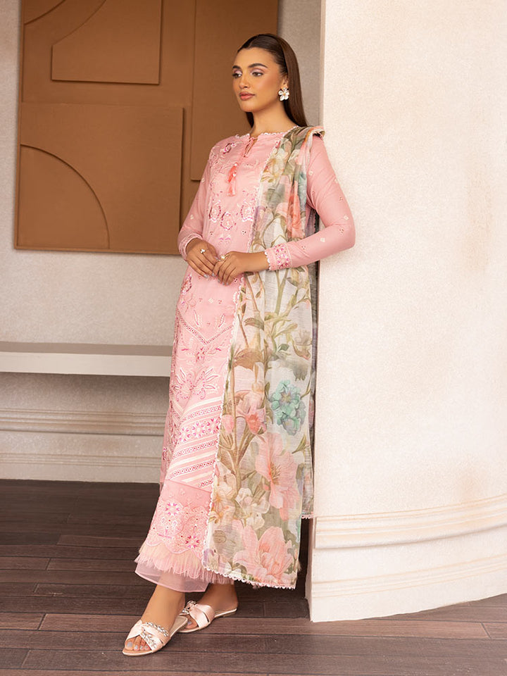 SAKURA 3 Pieces Unstitched Lawn Suit featuring an embroidered dyed luxury lawn shirt, dyed cambric cotton trousers, and a digital printed fancy lawn dupatta