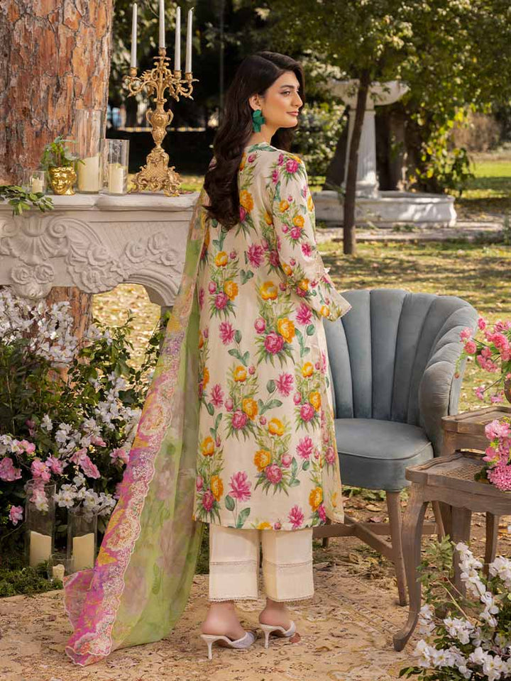 NAMAL 3 Pieces Unstitched Digital Printed Lawn Suit featuring a digital printed lawn shirt with organza embroidery, dyed cambric cotton trousers, and a bamber chiffon dupatta with embroidered cut-work details.