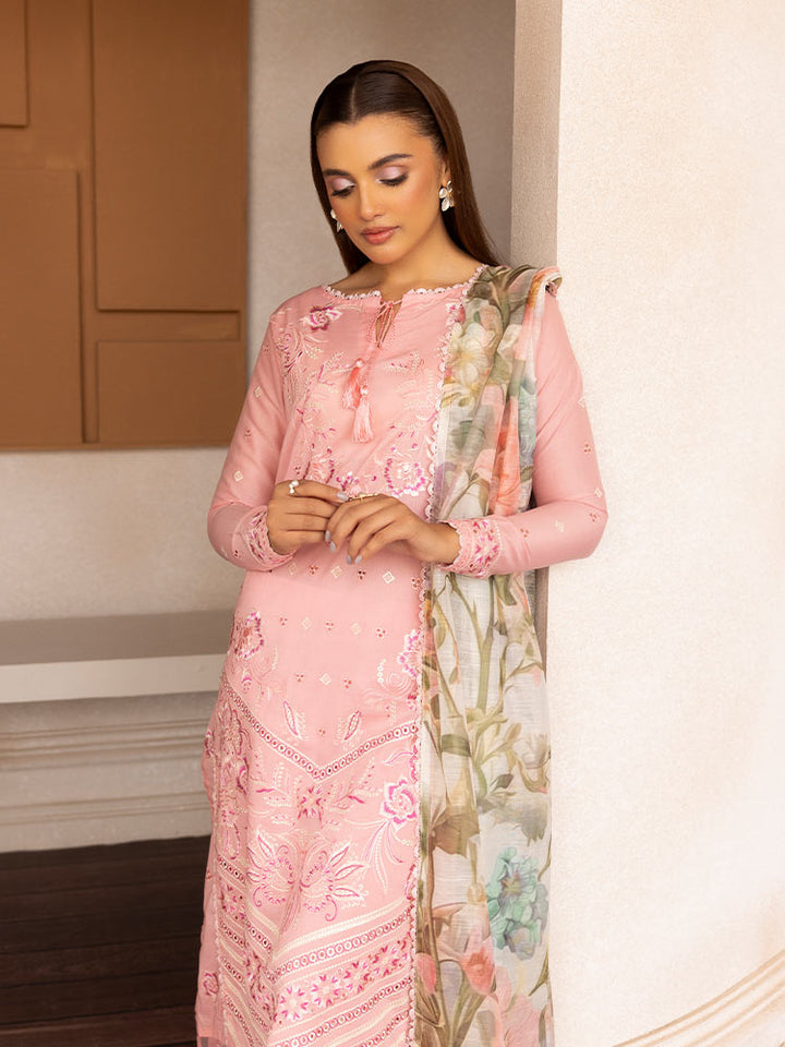 SAKURA 3 Pieces Unstitched Lawn Suit featuring an embroidered dyed luxury lawn shirt, dyed cambric cotton trousers, and a digital printed fancy lawn dupatta