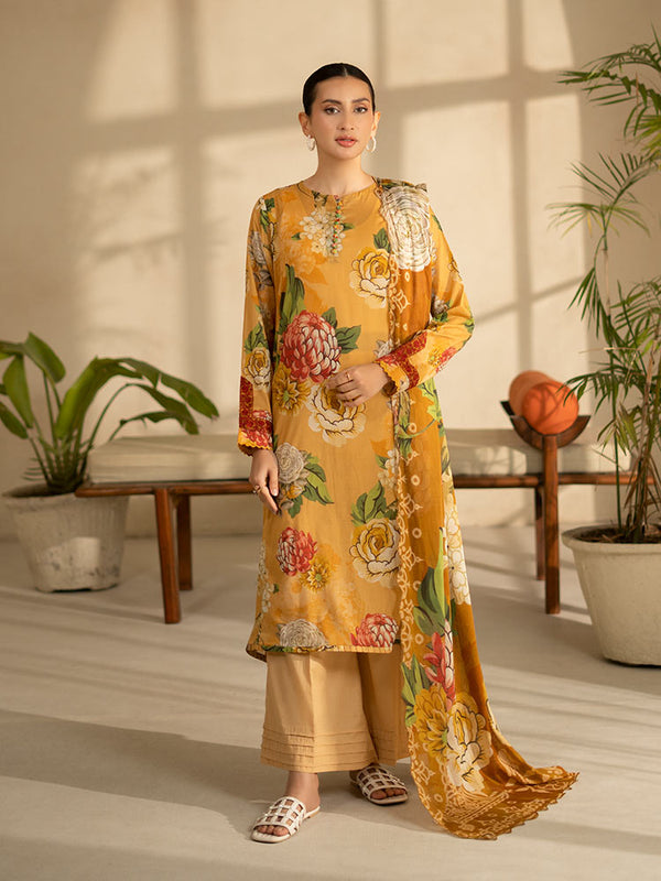 LEHRAIN 3 Pieces Unstitched Digital Printed Lawn Suit featuring a vibrant digital printed lawn shirt with organza embroidered lace sleeves, dyed cambric cotton trousers, and a matching pure lawn dupatta.