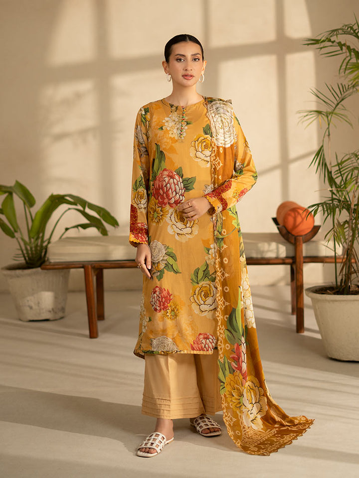LEHRAIN 3 Pieces Unstitched Digital Printed Lawn Suit featuring a vibrant digital printed lawn shirt with organza embroidered lace sleeves, dyed cambric cotton trousers, and a matching pure lawn dupatta.