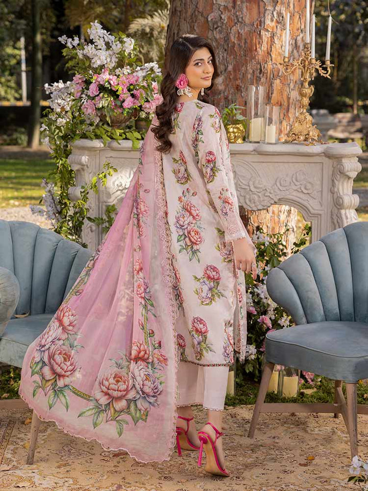 NAMAL 3 Pieces Unstitched Digital Printed Lawn Suit featuring a digital printed lawn shirt with organza embroidery, dyed cambric cotton trousers, and a bamber chiffon dupatta with embroidered cut-work details.