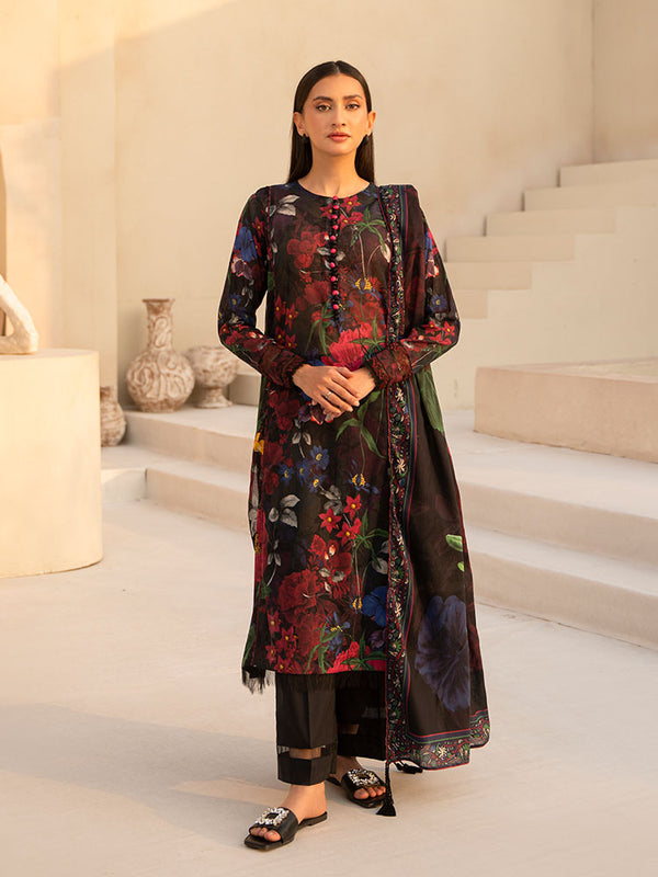 LEHRAIN 3 Pieces Unstitched Digital Printed Lawn Suit featuring a vibrant digital printed lawn shirt with organza embroidered lace sleeves, dyed cambric cotton trousers, and a matching pure lawn dupatta.