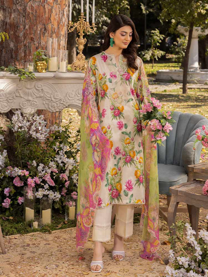 NAMAL 3 Pieces Unstitched Digital Printed Lawn Suit featuring a digital printed lawn shirt with organza embroidery, dyed cambric cotton trousers, and a bamber chiffon dupatta with embroidered cut-work details.