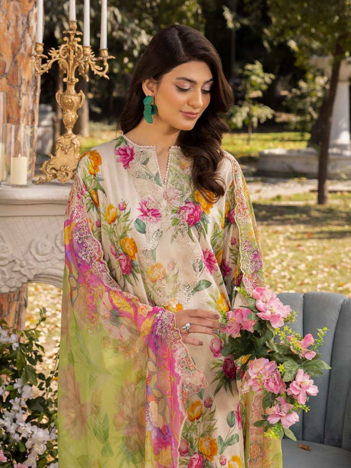 NAMAL 3 Pieces Unstitched Digital Printed Lawn Suit featuring a digital printed lawn shirt with organza embroidery, dyed cambric cotton trousers, and a bamber chiffon dupatta with embroidered cut-work details.