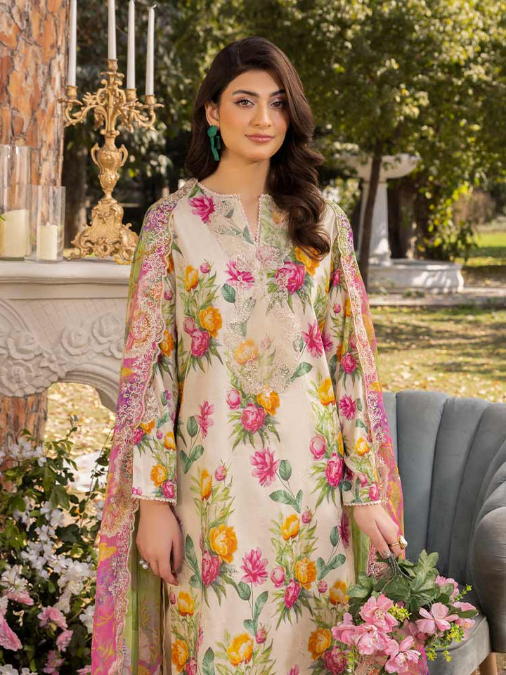 NAMAL 3 Pieces Unstitched Digital Printed Lawn Suit featuring a digital printed lawn shirt with organza embroidery, dyed cambric cotton trousers, and a bamber chiffon dupatta with embroidered cut-work details.
