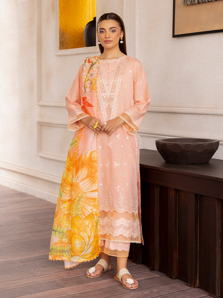 SAKURA 3 Pieces Unstitched Lawn Suit featuring an embroidered dyed luxury lawn shirt, dyed cambric cotton trousers, and a digital printed fancy lawn dupatta