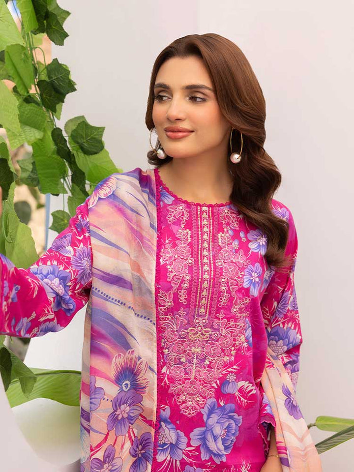 Discover the ZARIA Premium 3 Pieces Unstitched Lawn Suit, featuring digital printed lawn fabric with organza sequence embroidery. Perfect for festive occasions, this suit includes a shirt, trouser, and dupatta for a stylish and elegant look