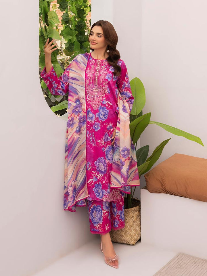 Discover the ZARIA Premium 3 Pieces Unstitched Lawn Suit, featuring digital printed lawn fabric with organza sequence embroidery. Perfect for festive occasions, this suit includes a shirt, trouser, and dupatta for a stylish and elegant look