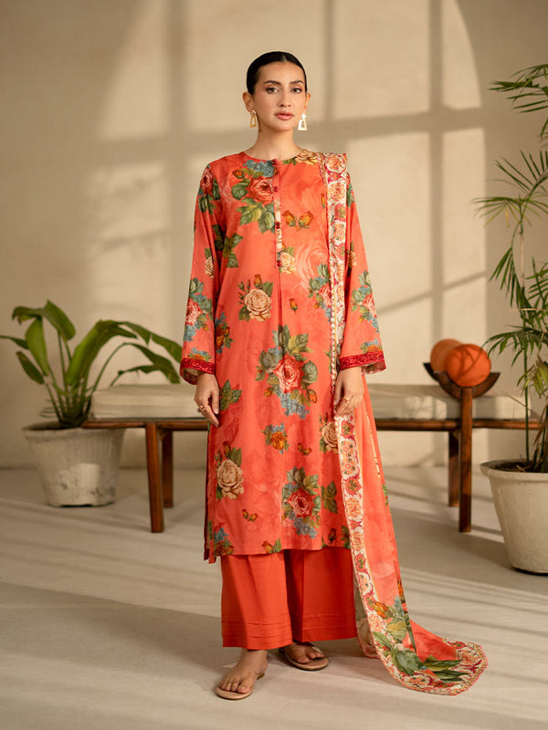 LEHRAIN 3 Pieces Unstitched Digital Printed Lawn Suit featuring a vibrant digital printed lawn shirt with organza embroidered lace sleeves, dyed cambric cotton trousers, and a matching pure lawn dupatta.