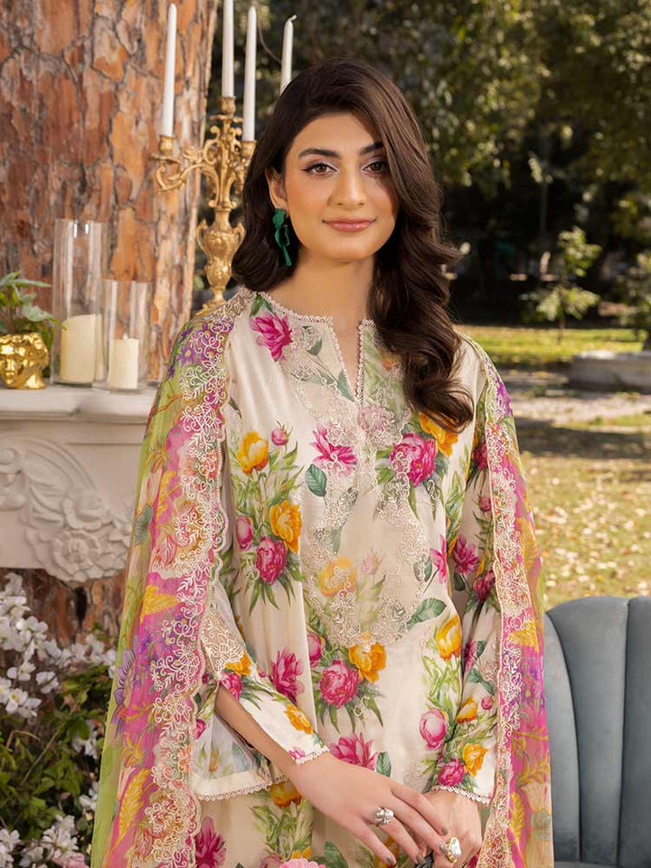 NAMAL 3 Pieces Unstitched Digital Printed Lawn Suit featuring a digital printed lawn shirt with organza embroidery, dyed cambric cotton trousers, and a bamber chiffon dupatta with embroidered cut-work details.