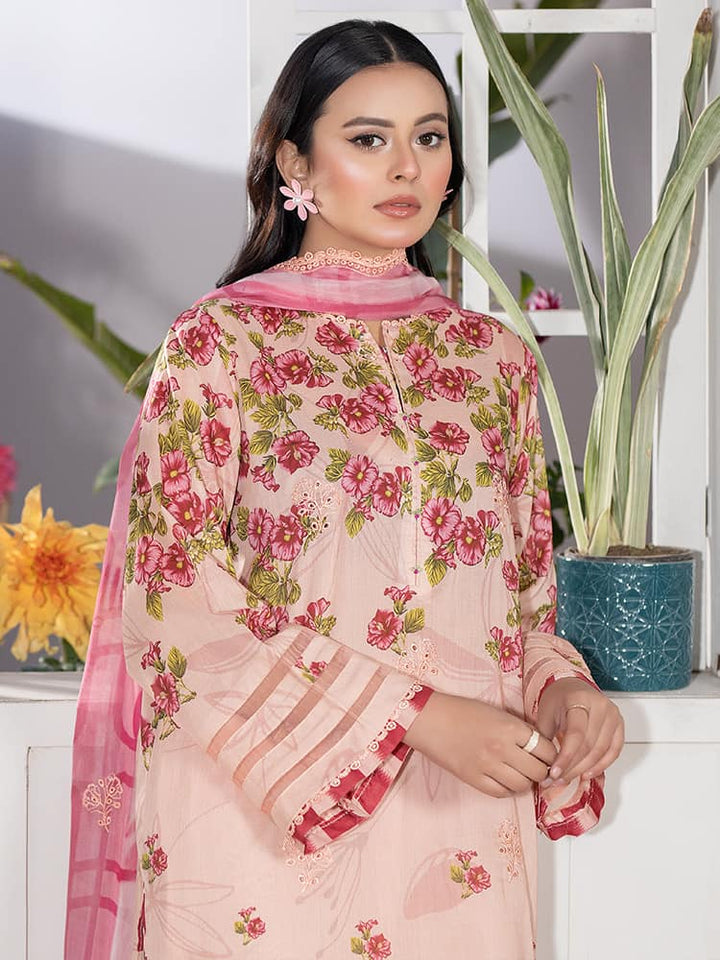 GUL PASAND Premium 3-Piece Lawn Suit with digital printed embroidery, dyed cambric cotton trousers, and embroidered chiffon dupatta.
