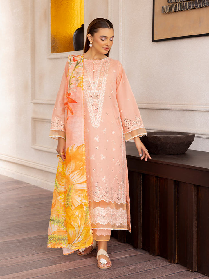 SAKURA 3 Pieces Unstitched Lawn Suit featuring an embroidered dyed luxury lawn shirt, dyed cambric cotton trousers, and a digital printed fancy lawn dupatta