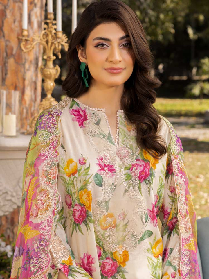 NAMAL 3 Pieces Unstitched Digital Printed Lawn Suit featuring a digital printed lawn shirt with organza embroidery, dyed cambric cotton trousers, and a bamber chiffon dupatta with embroidered cut-work details.