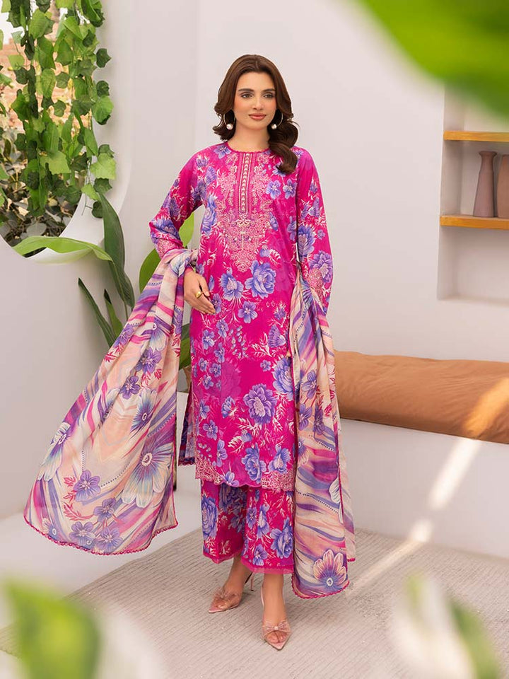 Discover the ZARIA Premium 3 Pieces Unstitched Lawn Suit, featuring digital printed lawn fabric with organza sequence embroidery. Perfect for festive occasions, this suit includes a shirt, trouser, and dupatta for a stylish and elegant look