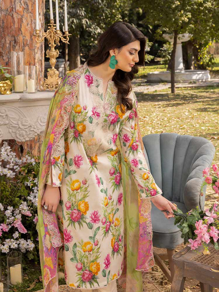 NAMAL 3 Pieces Unstitched Digital Printed Lawn Suit featuring a digital printed lawn shirt with organza embroidery, dyed cambric cotton trousers, and a bamber chiffon dupatta with embroidered cut-work details.