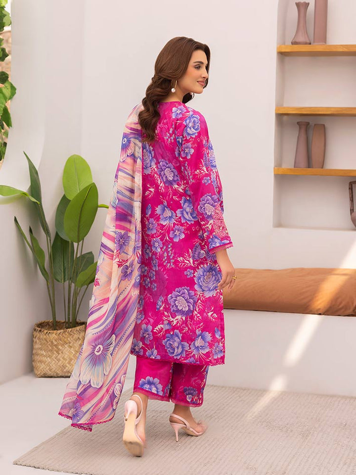 Discover the ZARIA Premium 3 Pieces Unstitched Lawn Suit, featuring digital printed lawn fabric with organza sequence embroidery. Perfect for festive occasions, this suit includes a shirt, trouser, and dupatta for a stylish and elegant look