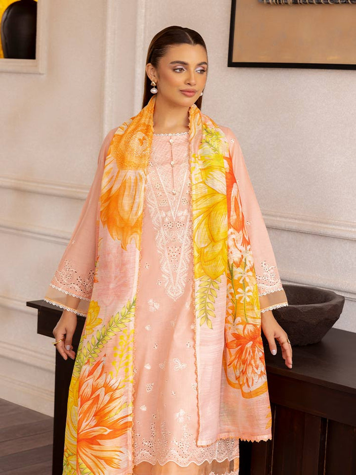 SAKURA 3 Pieces Unstitched Lawn Suit featuring an embroidered dyed luxury lawn shirt, dyed cambric cotton trousers, and a digital printed fancy lawn dupatta