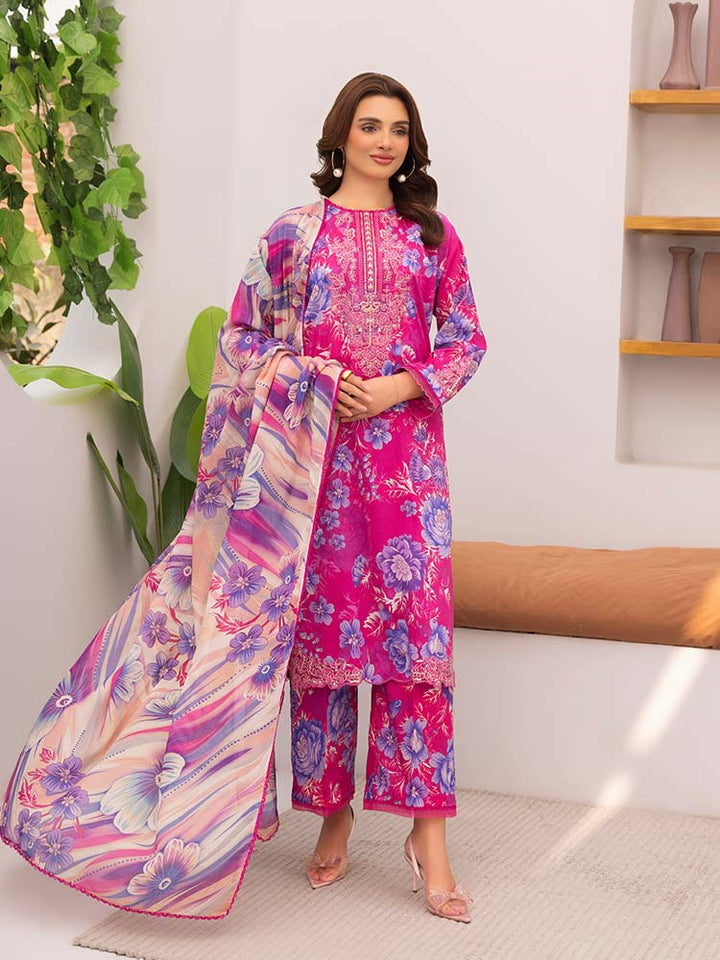 Discover the ZARIA Premium 3 Pieces Unstitched Lawn Suit, featuring digital printed lawn fabric with organza sequence embroidery. Perfect for festive occasions, this suit includes a shirt, trouser, and dupatta for a stylish and elegant look