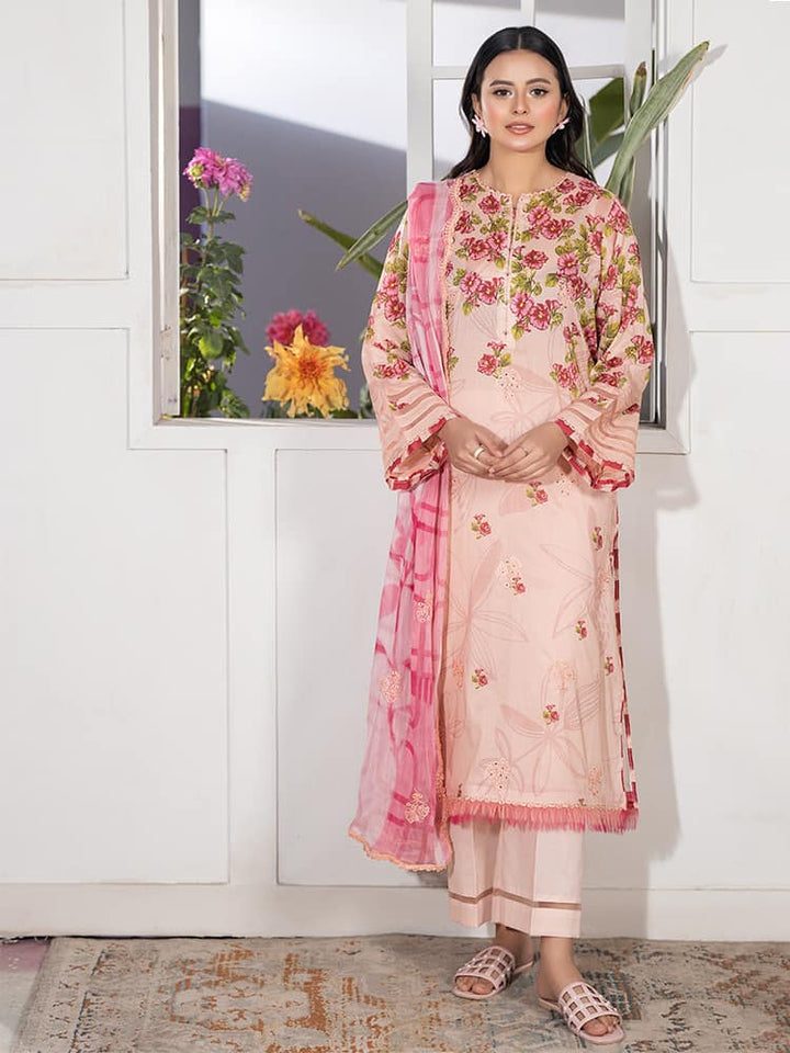 GUL PASAND Premium 3-Piece Lawn Suit with digital printed embroidery, dyed cambric cotton trousers, and embroidered chiffon dupatta.