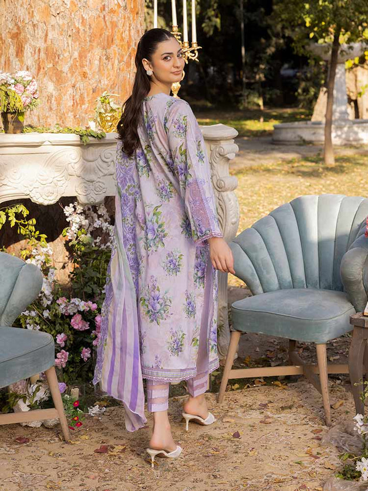 NAMAL 3 Pieces Unstitched Digital Printed Lawn Suit featuring a digital printed lawn shirt with organza embroidery, dyed cambric cotton trousers, and a bamber chiffon dupatta with embroidered cut-work details.