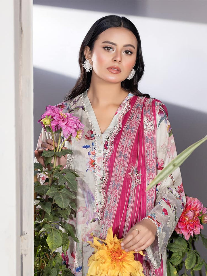 GUL PASAND Premium 3-Piece Lawn Suit with digital printed embroidery, dyed cambric cotton trousers, and embroidered chiffon dupatta.