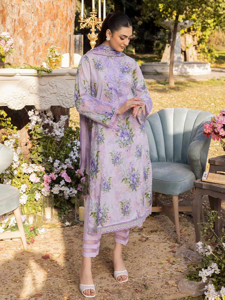 NAMAL 3 Pieces Unstitched Digital Printed Lawn Suit featuring a digital printed lawn shirt with organza embroidery, dyed cambric cotton trousers, and a bamber chiffon dupatta with embroidered cut-work details.
