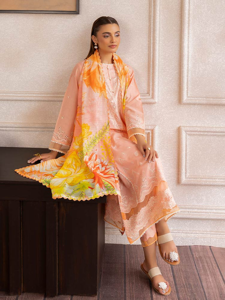 SAKURA 3 Pieces Unstitched Lawn Suit featuring an embroidered dyed luxury lawn shirt, dyed cambric cotton trousers, and a digital printed fancy lawn dupatta