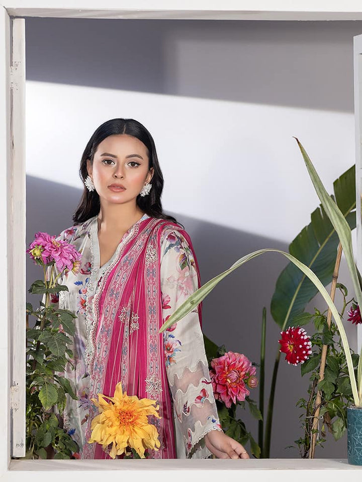 GUL PASAND Premium 3-Piece Lawn Suit with digital printed embroidery, dyed cambric cotton trousers, and embroidered chiffon dupatta.