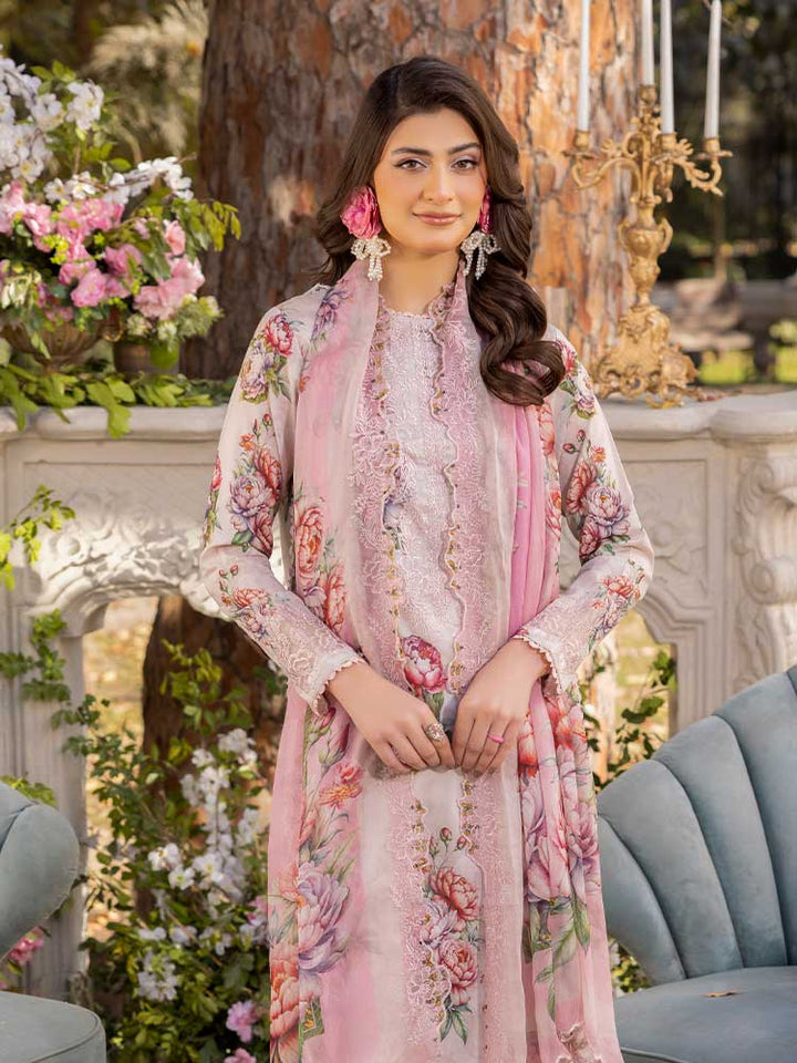 NAMAL 3 Pieces Unstitched Digital Printed Lawn Suit featuring a digital printed lawn shirt with organza embroidery, dyed cambric cotton trousers, and a bamber chiffon dupatta with embroidered cut-work details.