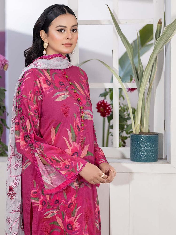 GULPASAND Premium 3-Piece Lawn Suit with digital printed embroidery, dyed cambric cotton trousers, and embroidered chiffon dupatta.