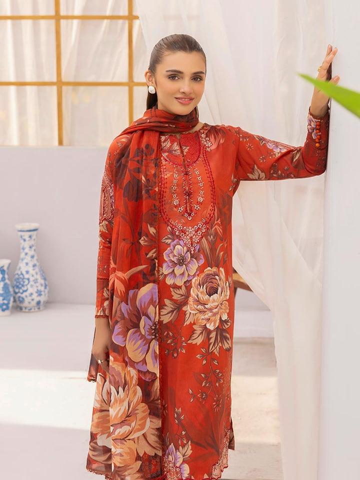 Discover the ZARIA Premium 3 Pieces Unstitched Lawn Suit, featuring digital printed lawn fabric with organza sequence embroidery. Perfect for festive occasions, this suit includes a shirt, trouser, and dupatta for a stylish and elegant look